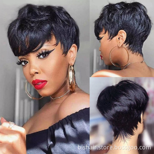Wholesale Short Pixie Cut With Fringe Wig Straight Remy Brazilian Human Hair Wigs For Women Full Machine Made Cheap Glueless Wig